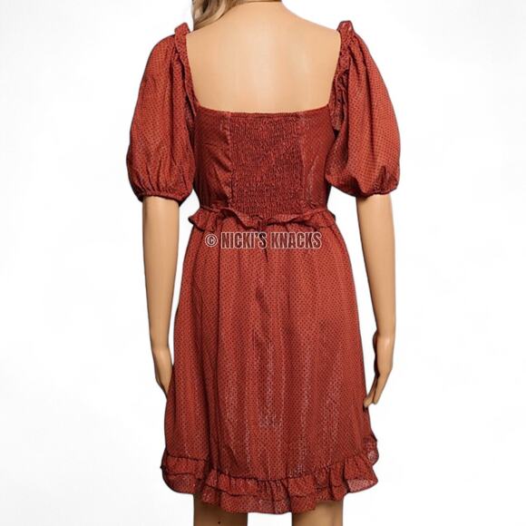 By The River Rust Polka Dot Mini Dress Puff Sleeve Ruffle Fit Flare Fall Size S - Picture 6 of 13